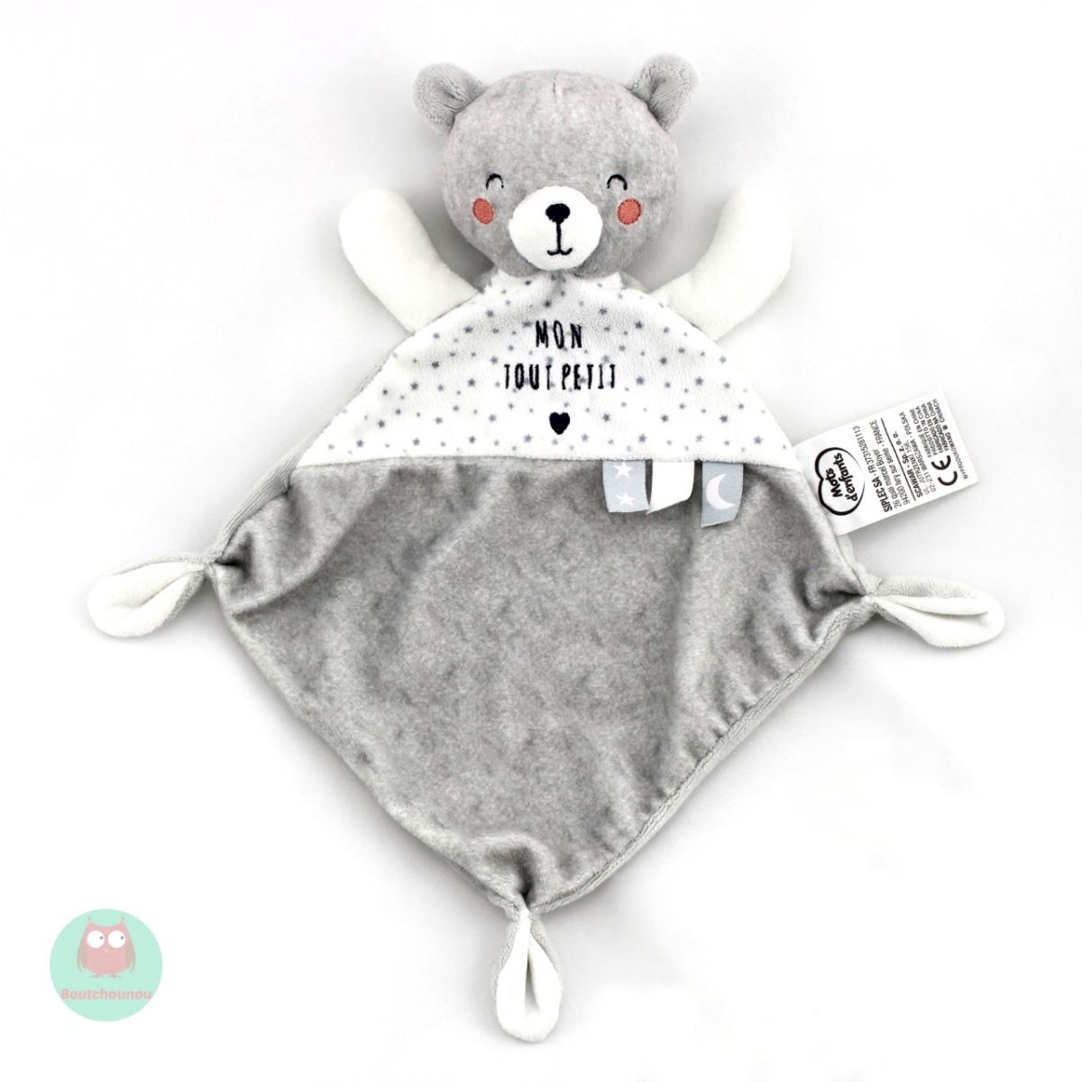 DOUDOU OURS ''MON TOUT PETIT'' BLANC GRIS MOTS D'ENFANTS