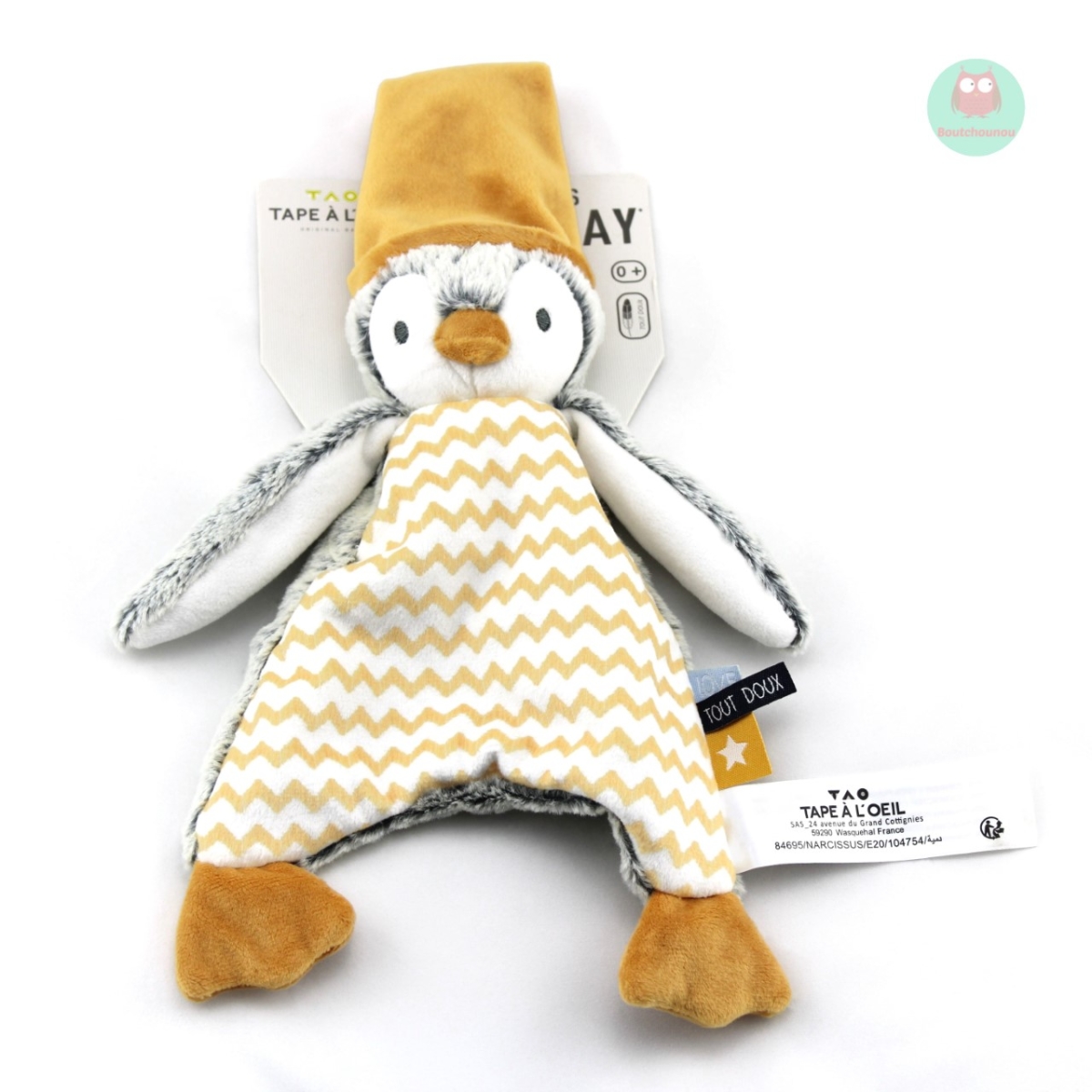 DOUDOU PINGOUIN HIPINGU GRIS JAUNE TAPE A L OEIL TAO