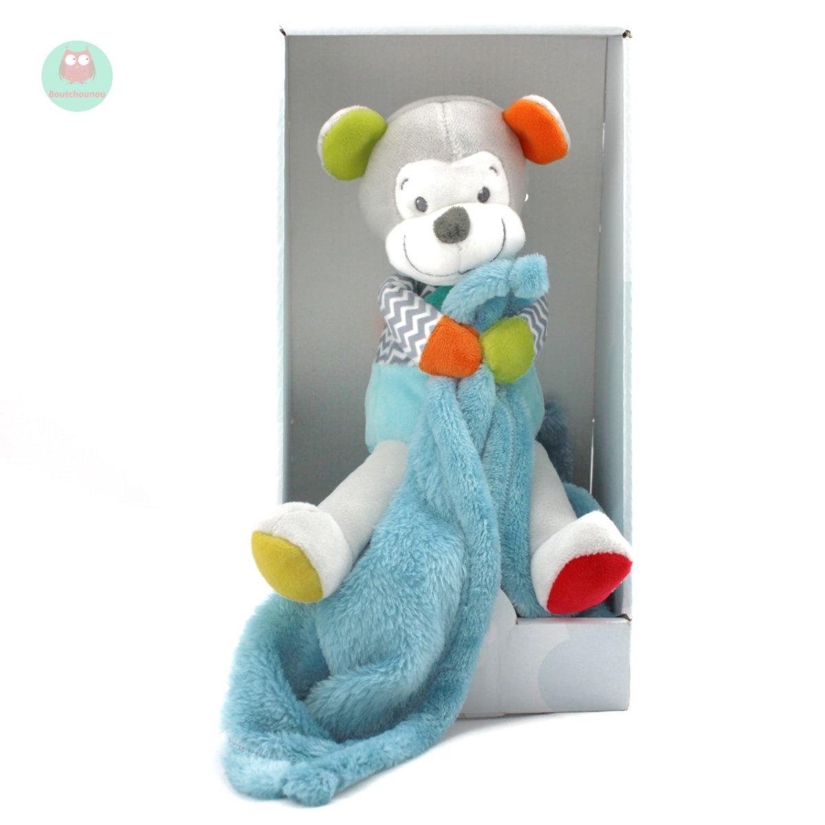 DOUDOU SINGE GRIS ET BLEU AVEC GRAND MOUCHOIR NICOTOY