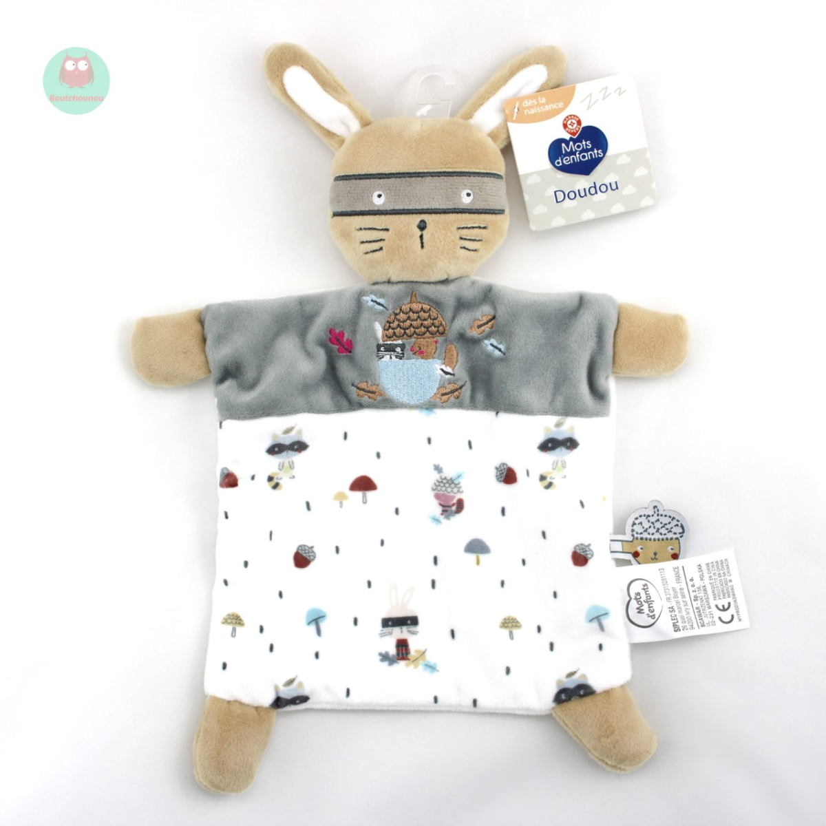 doudou_plat_lapin_masque_marron_beige_blanc_champignon_mots_denfants