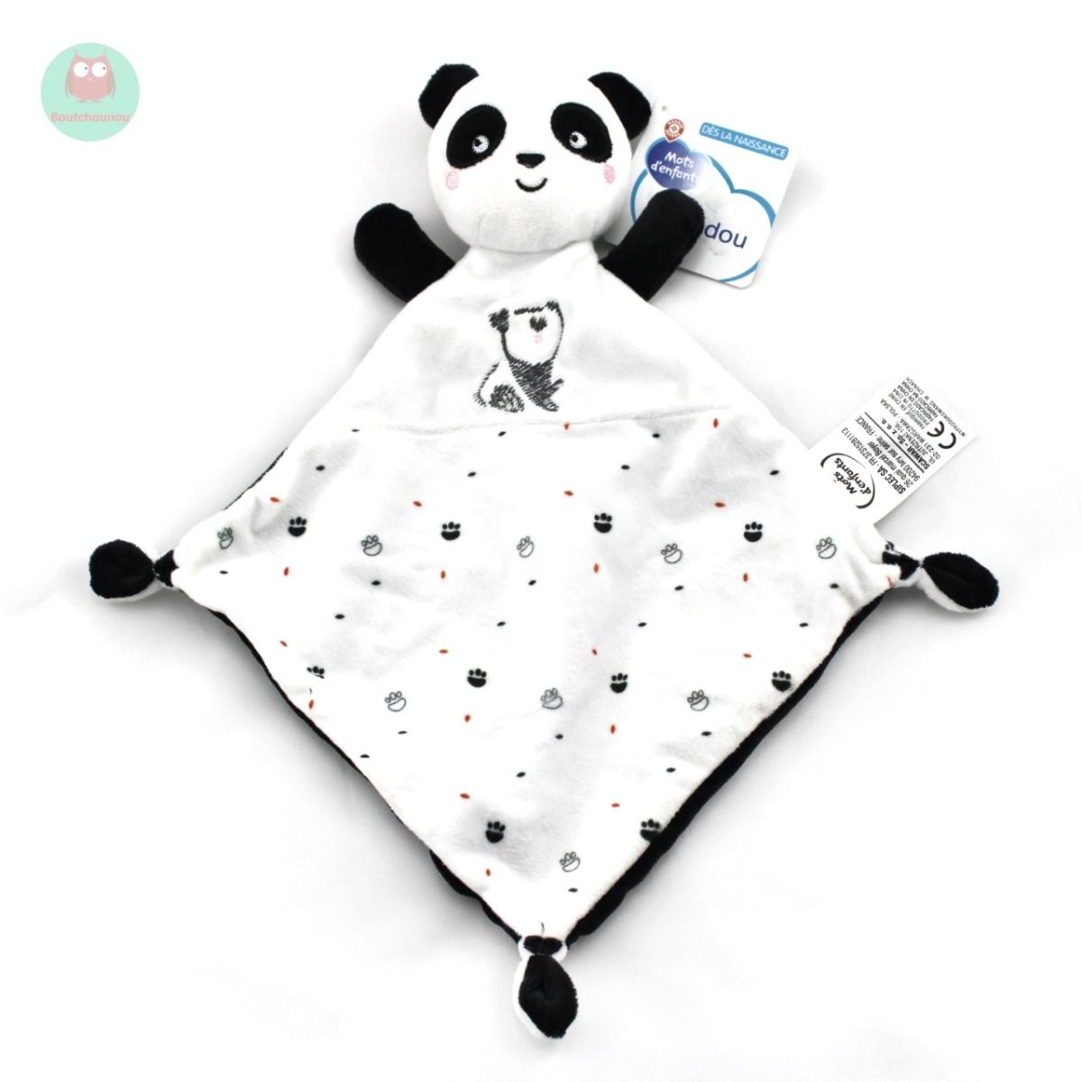 DOUDOU PANDA BLANC NOIR EMPREINTES MOTS D'ENFANTS