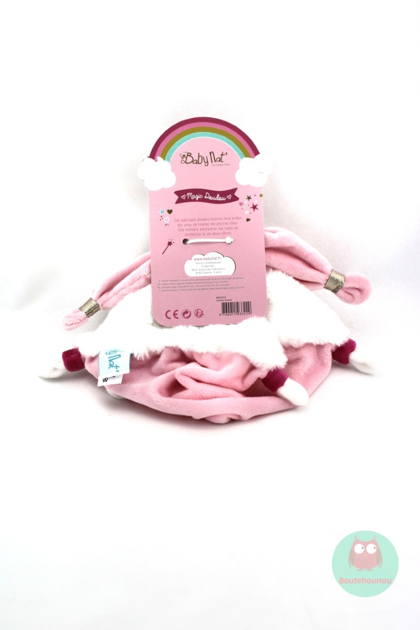 DOUDOU LICORNE BLANC ROSE PLAT ARC-EN-CIEL BABY NAT