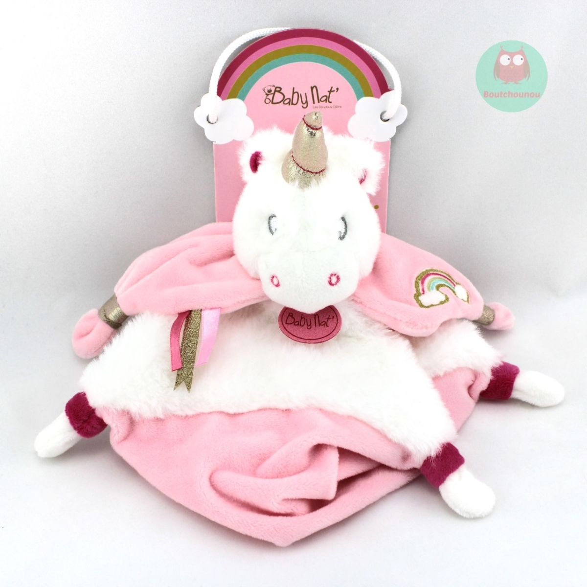 Coffret cadeau Doudou plat Licorne blanche et Argent 22 cm - Peluche douce  bebe fille - Naissance, nouveau ne