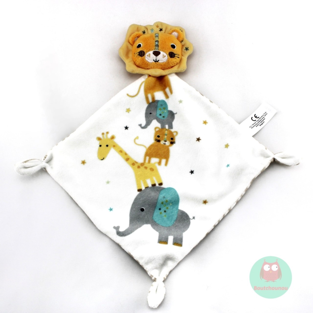 DOUDOU LION PLAT BLANC AVEC ETOILES ELEPHANTS