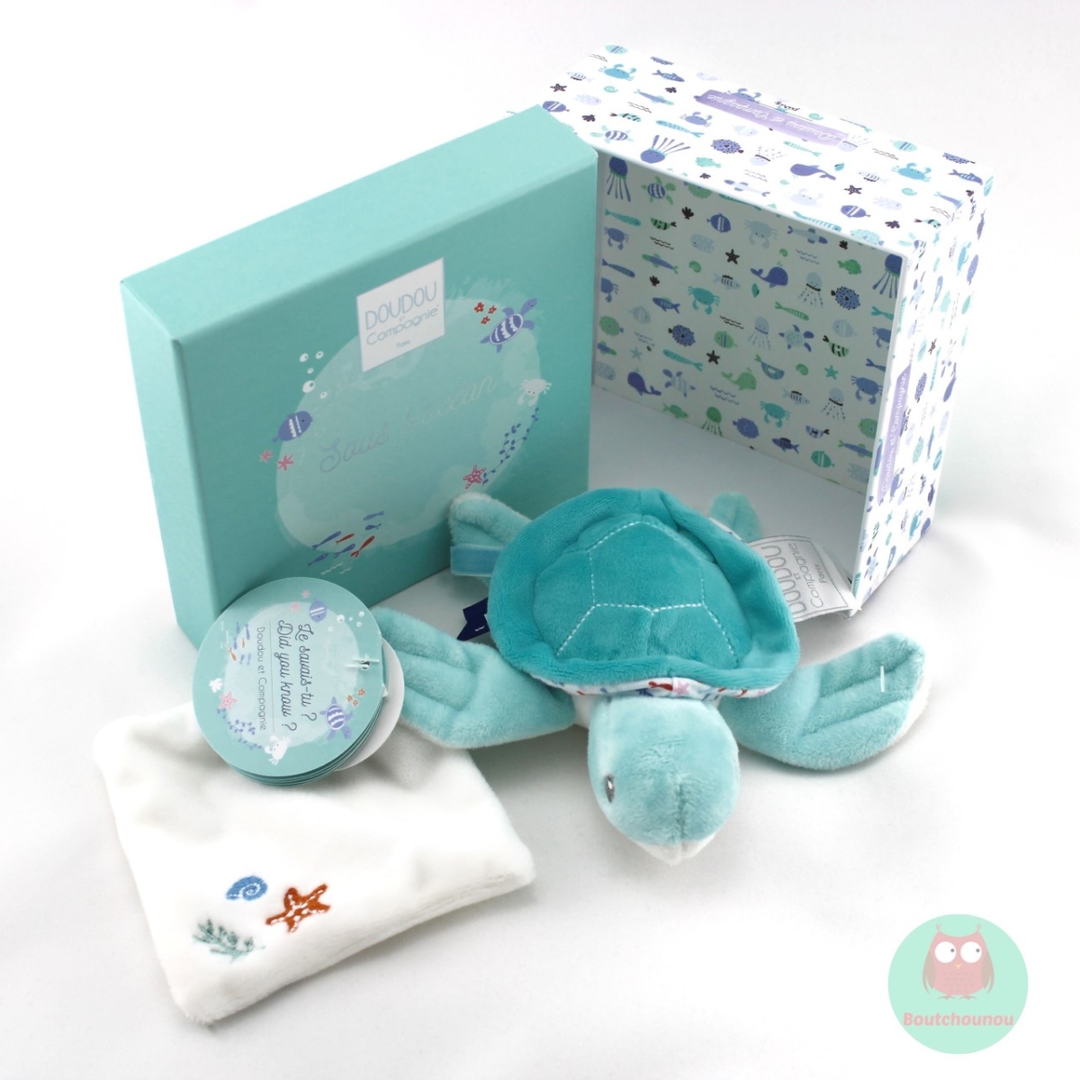 DOUDOU BLEU AMANDE TORTUE AVEC MOUCHOIR SOUS L OCEAN DOUDOU ET