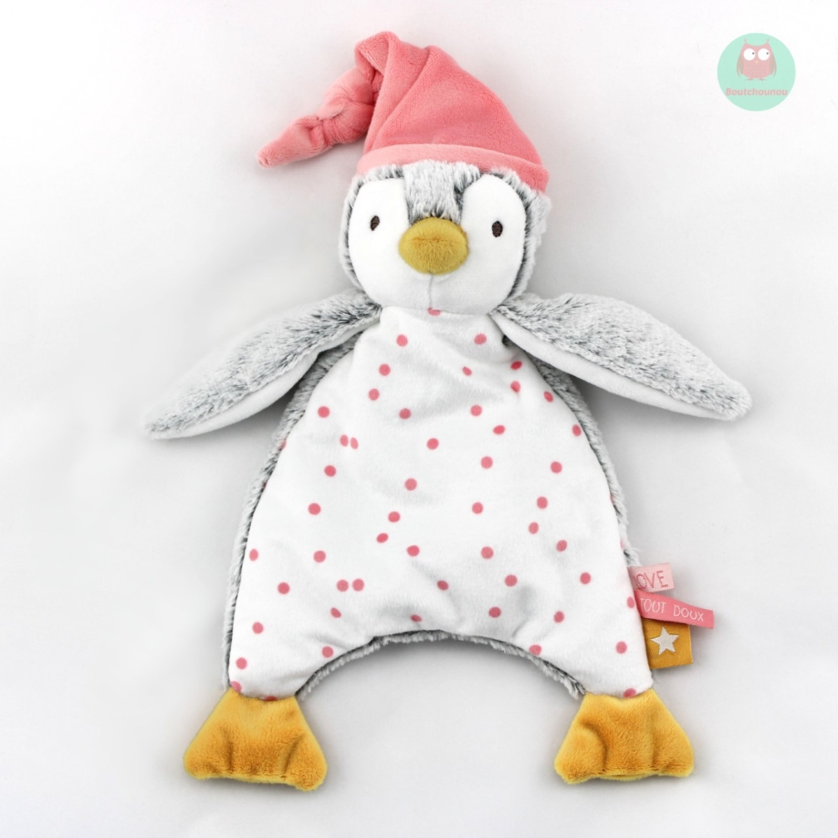 DOUDOU PINGOUIN HIPINGU GRIS ROSE TAPE A L OEIL TAO