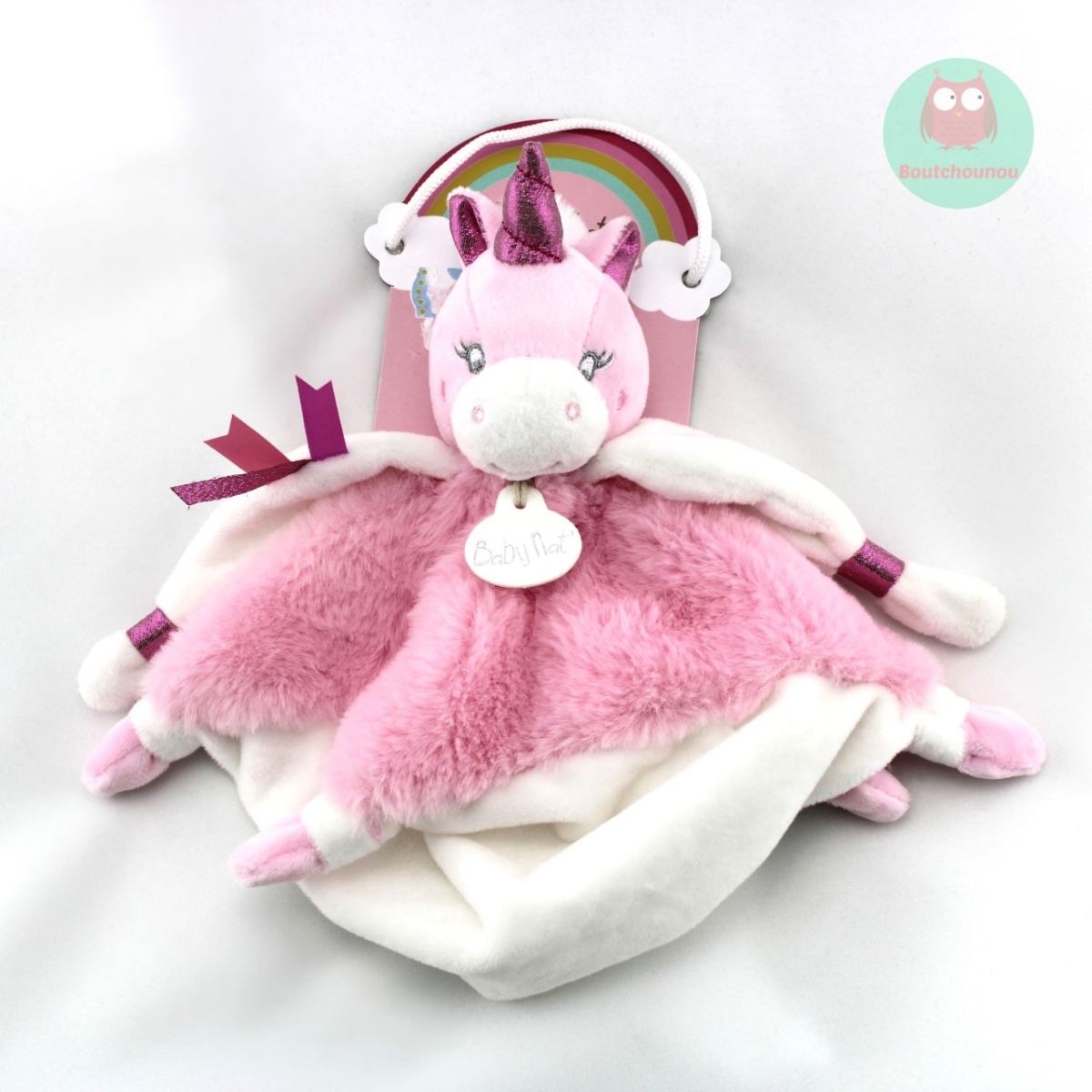 DOUDOU LICORNE ROSE BLANC PLAT BRILLANT BABY NAT