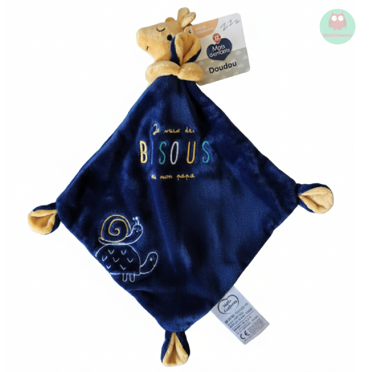 doudou_girage_moutarde_avec_son_mouchoir_bleu_marine,_mots_denfants