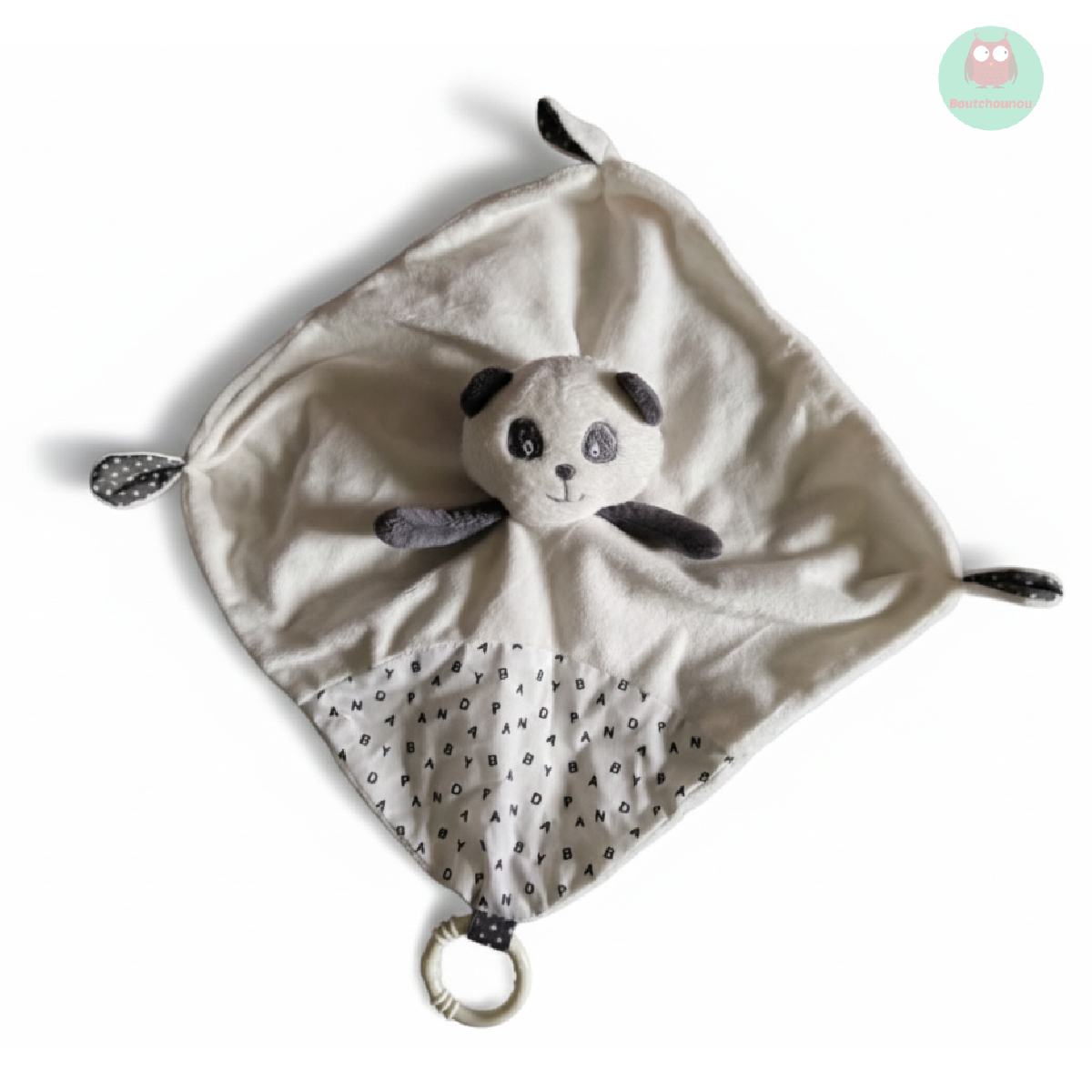 doudou_plat_panda_blanc,_gris,_anneau_de_dentition,_sauthon