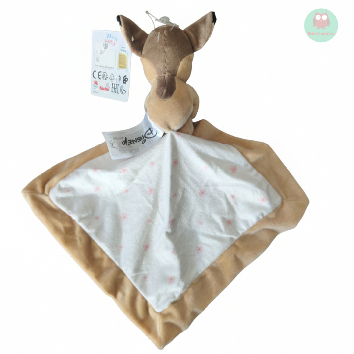 doudou_plat_bambi,_marron,_ecru,_fleurs,_mouchoir,_disney_baby