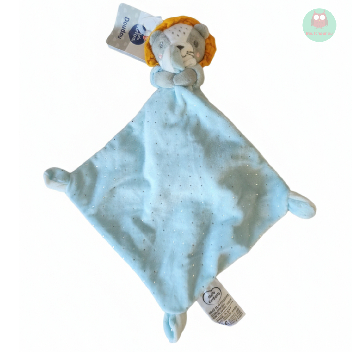 doudou_lion_avec_mouchoir_bleu,_blanc,_moutarde,_argente,_mots_denfants