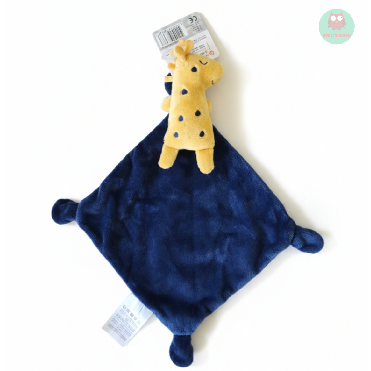 doudou_girage_moutarde_avec_son_mouchoir_bleu_marine,_mots_denfants