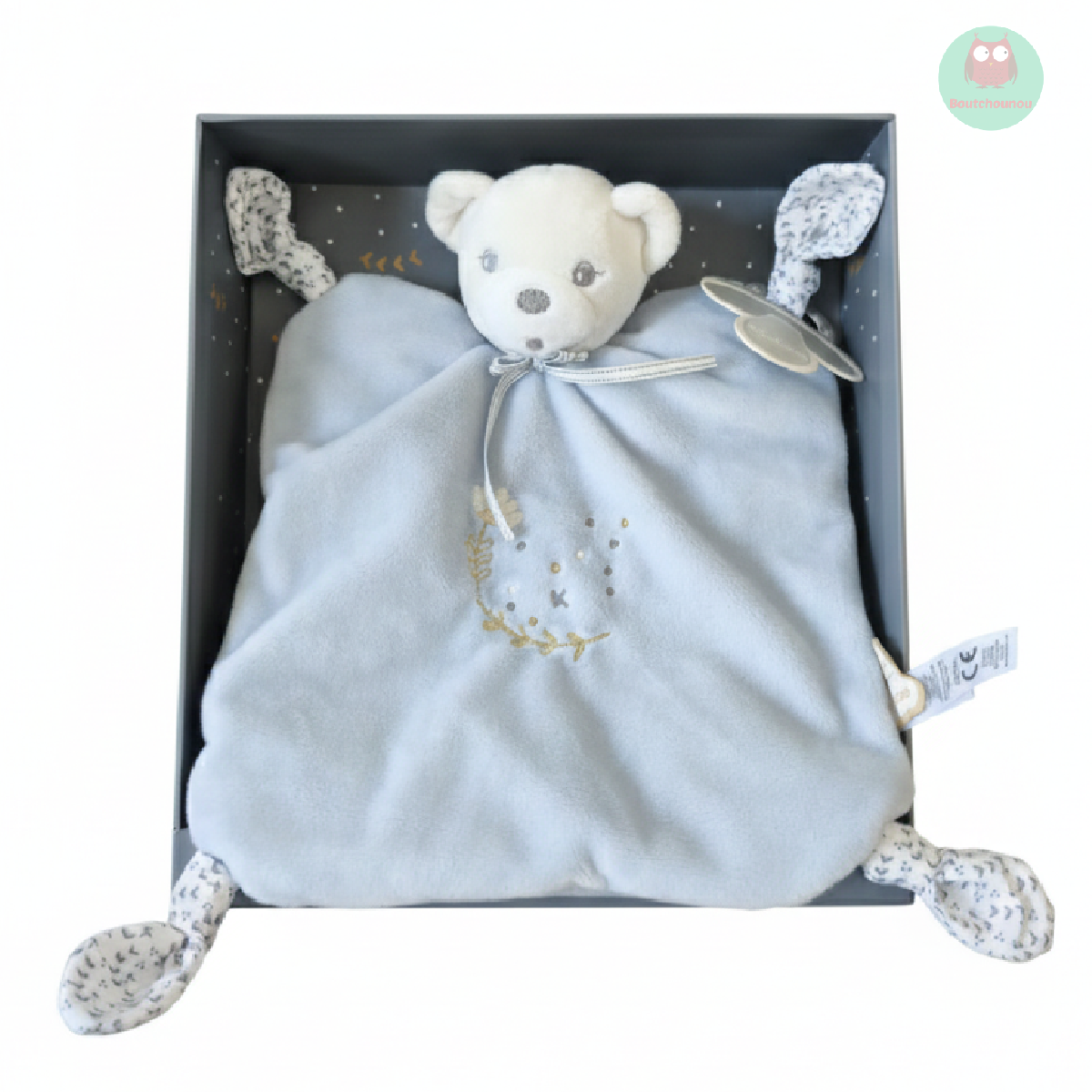 doudou_semi-plat_ourson_bleu,_blanc,_fleur,_4_noeuds_kaloo